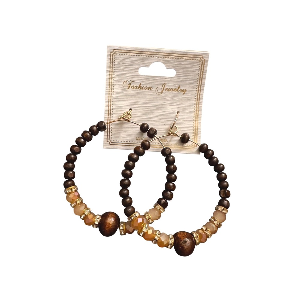 NWT Fashion Jewelry Large Wood Bead Hoop Earrings Brown Amber Rhinestone Accents